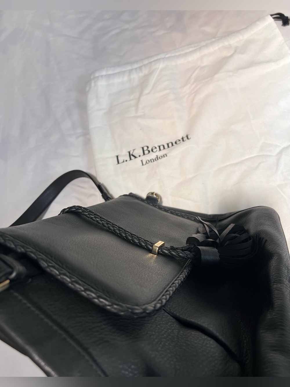 LK Bennett Black Leather Shoulder Bag with Braided Tassel with storage bag - Picture 11 of 15